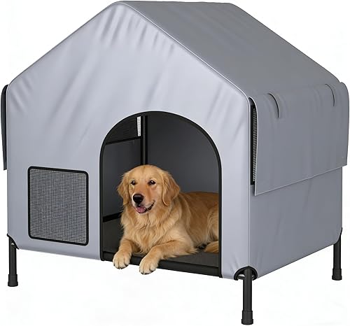 Miniatura 10 de Casa grande de perro de 42 pulgadas para perros de todas las razas, resistente al agua y a la nieve, 600D Oxford con cama elevada para perros,