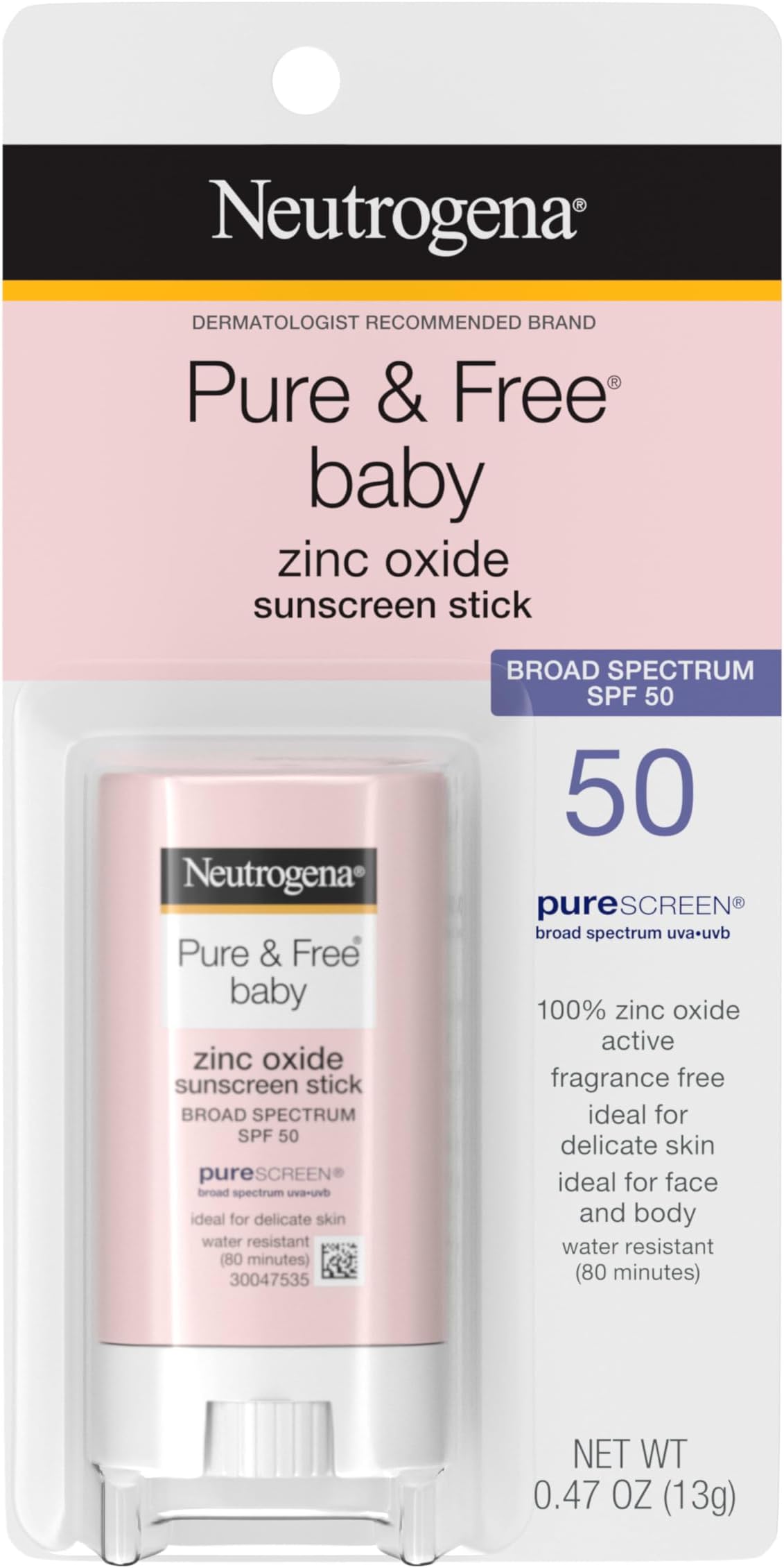 Pure & Free Baby Mineral Sunscreen Stick with Broad Spectrum SPF 50 & Zinc Oxide, Water-Resistant, Hypoallergenic, Paraben-, Dye- & PABA-Free Baby Face & Body Sunscreen, 0.47 oz