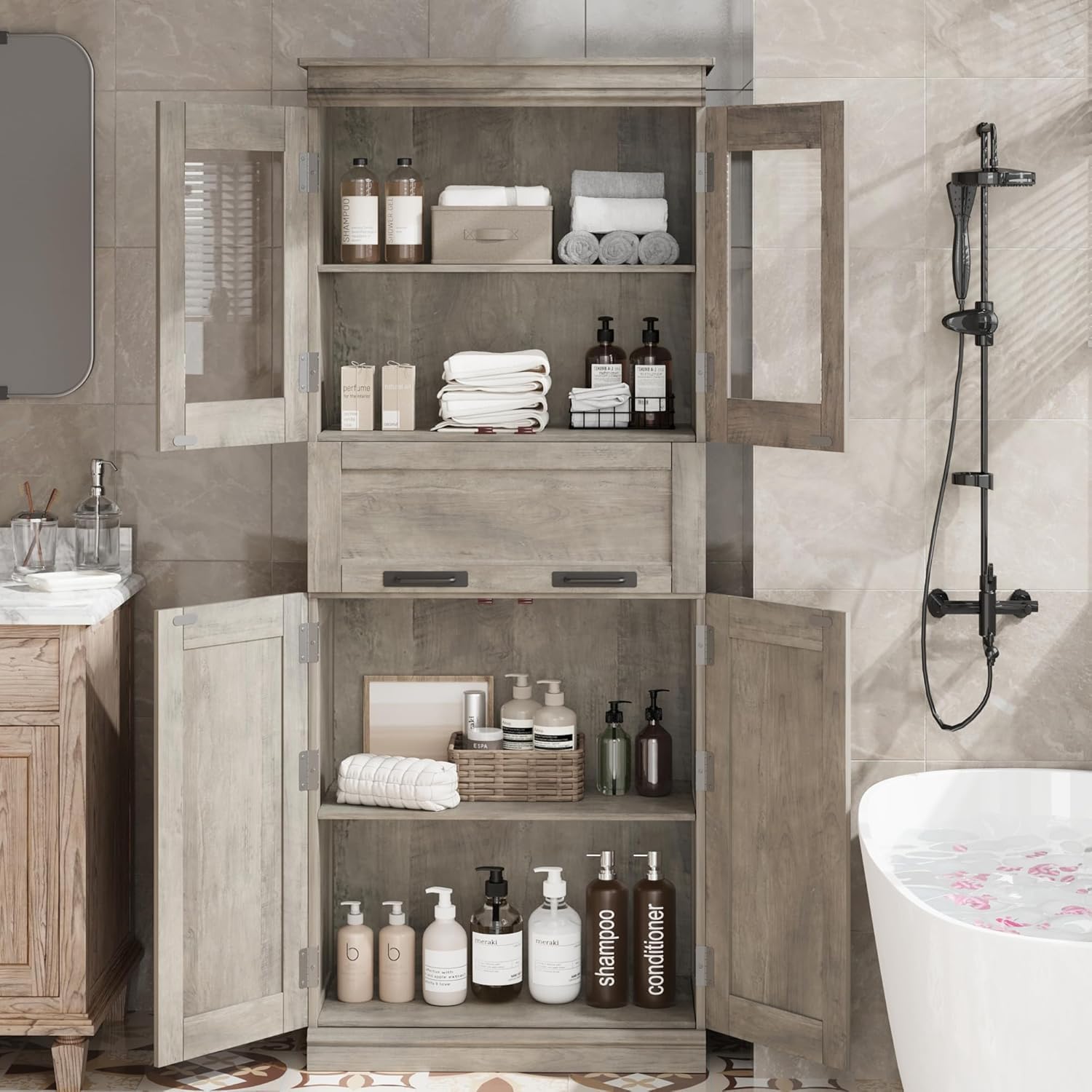 Garvee Mueble De Baño con 4 Puertas 170cm, Cajón De Cristal Abatible y Estantes Ajustables. Organizador Independiente para Cocina y Sala De Estar - Gris