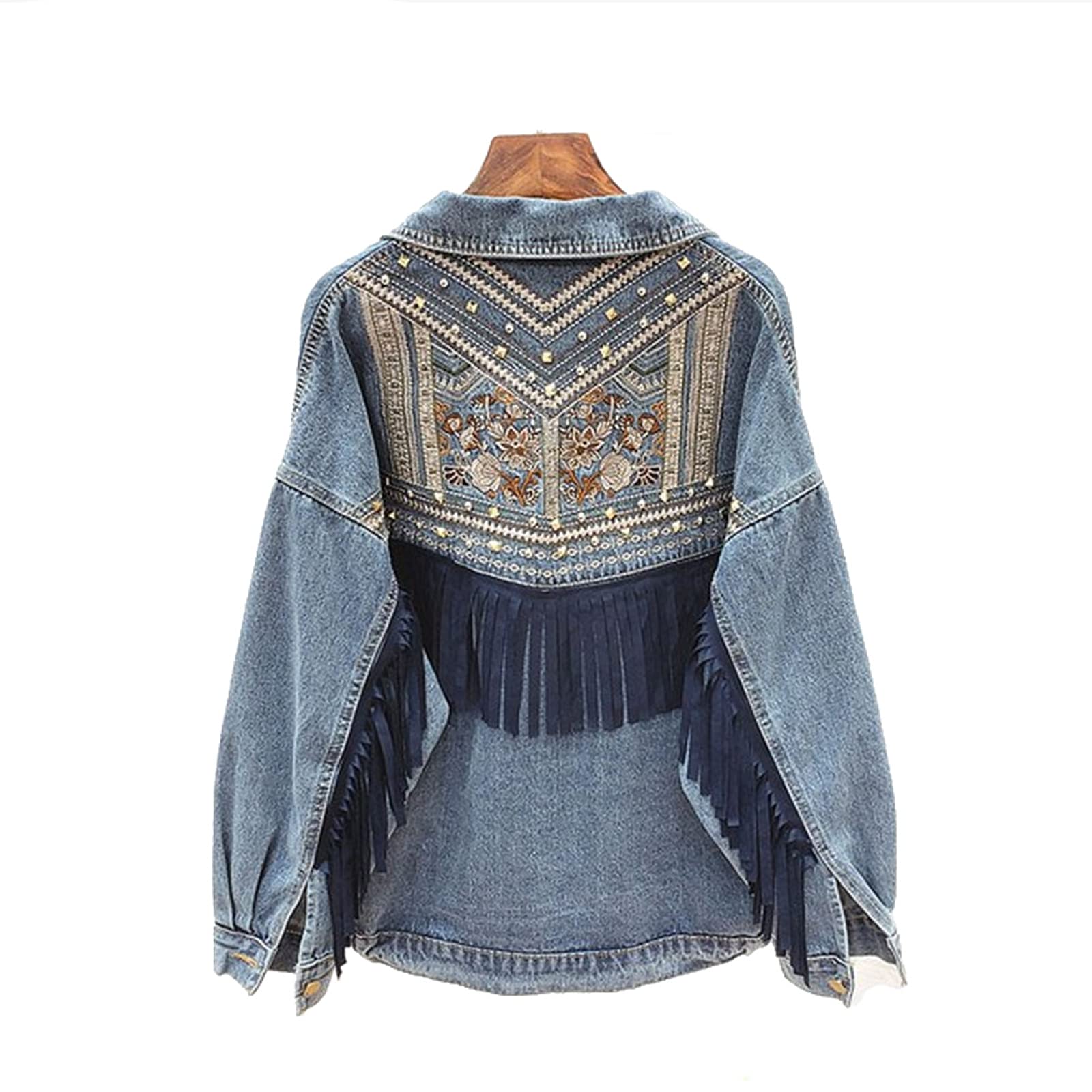 UKKO Giacca di Jeans Giacca in Denim Coreano Ricamo Floreale Nappa Giacca A Maniche Lunghe Giacca A Maniche Lunghe Giacca da Donna Veste Femme-Navy Blue,S