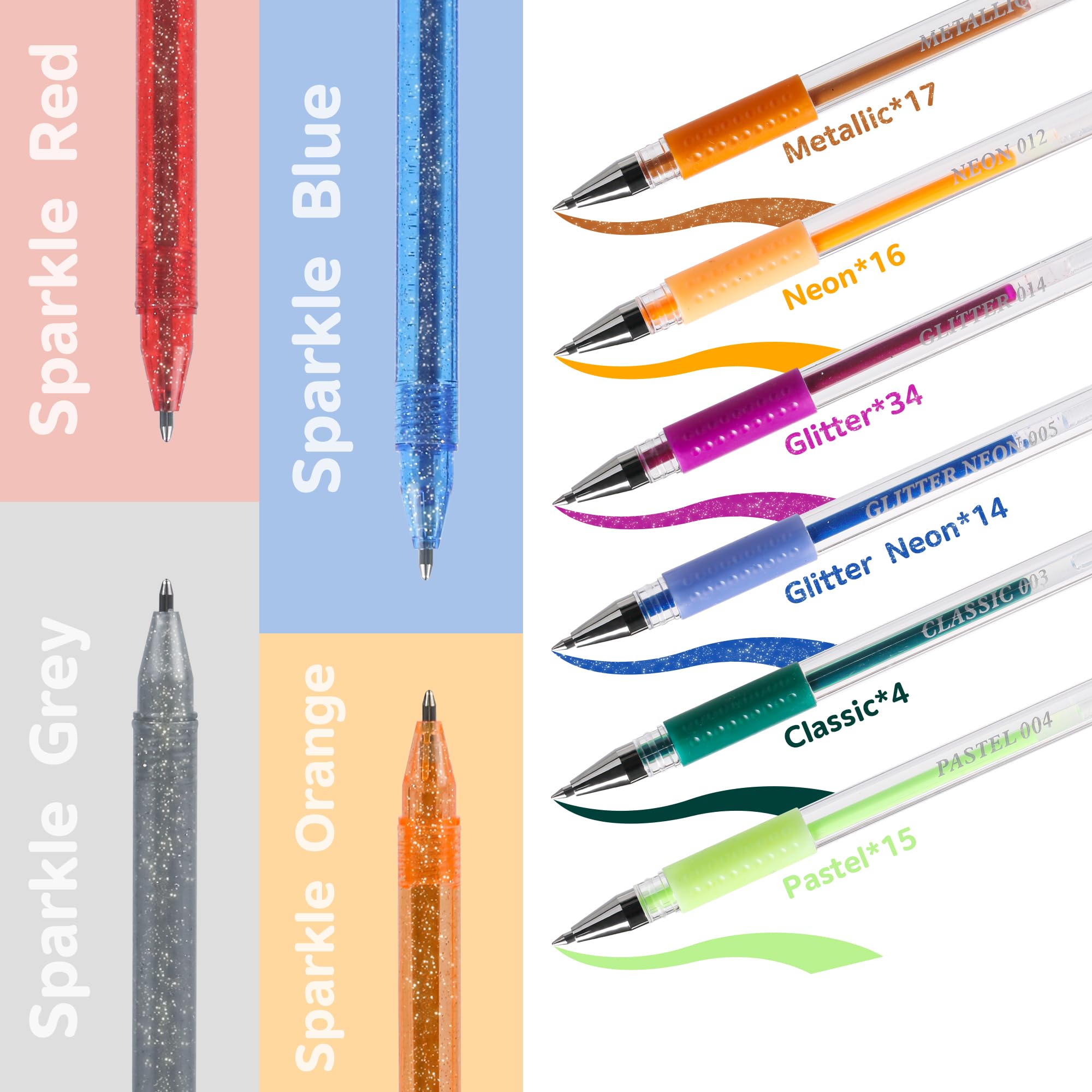 Gelstifte für Erwachsene, 202 Stück, 104 Künstlerstifte enthalten 100 Buntstifte, 4 metallische Glitzerstifte mit 98 Nachfüllungen, feine Spitze, metallischer Gelstift zum Zeichnen, Journaling