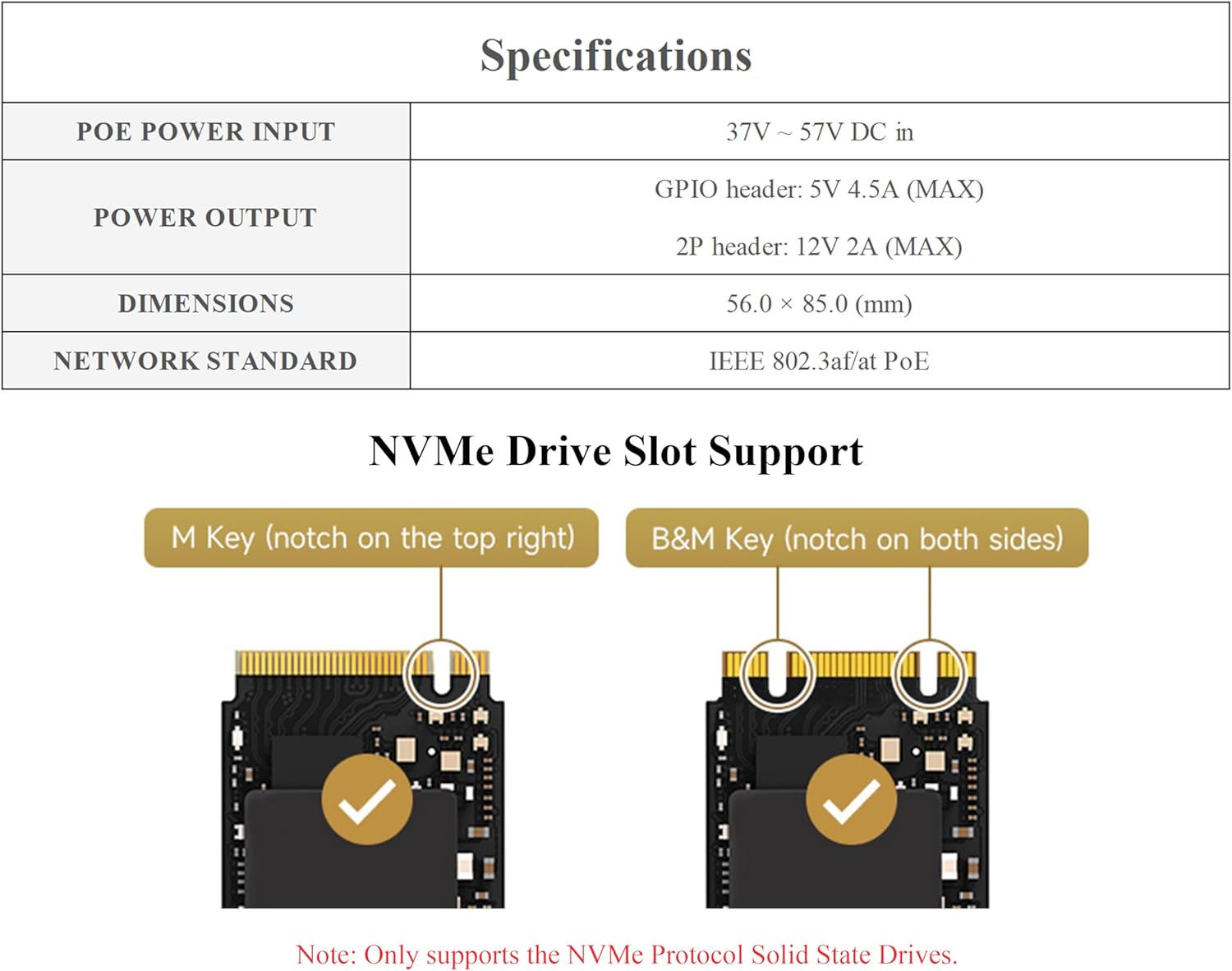 Pi 5 PCIe to M.2 HAT with PoE Function Adapter Board Compatible with Raspberry Pi 5, Combination of PoE and PCIE to M.2 for Pi5, Supports NVMe 2230/2242 / 2260/2280 Size M.2 Solid State Drive