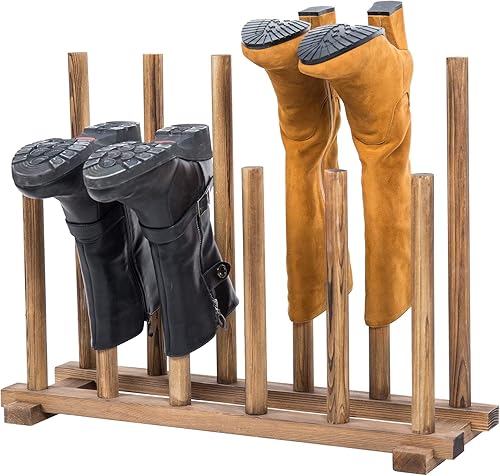 Miniatura 7 de MyGift Soporte rústico para botas de piso de madera maciza marrón quemado, soporte organizador de almacenamiento de zapatos de entrada de madera con