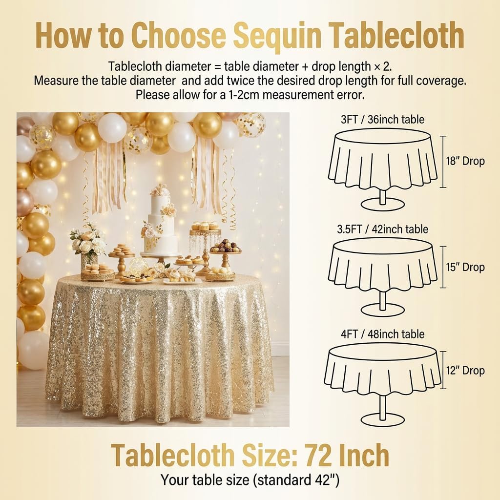 72 Inch Round Champagne Sequin Tablecloth, Metallic Glitter Sparkle Table Cover for Dining Banquet Table or Overlay, Sequin Fabric Table Cloths for Wedding Birthday Party Decorations