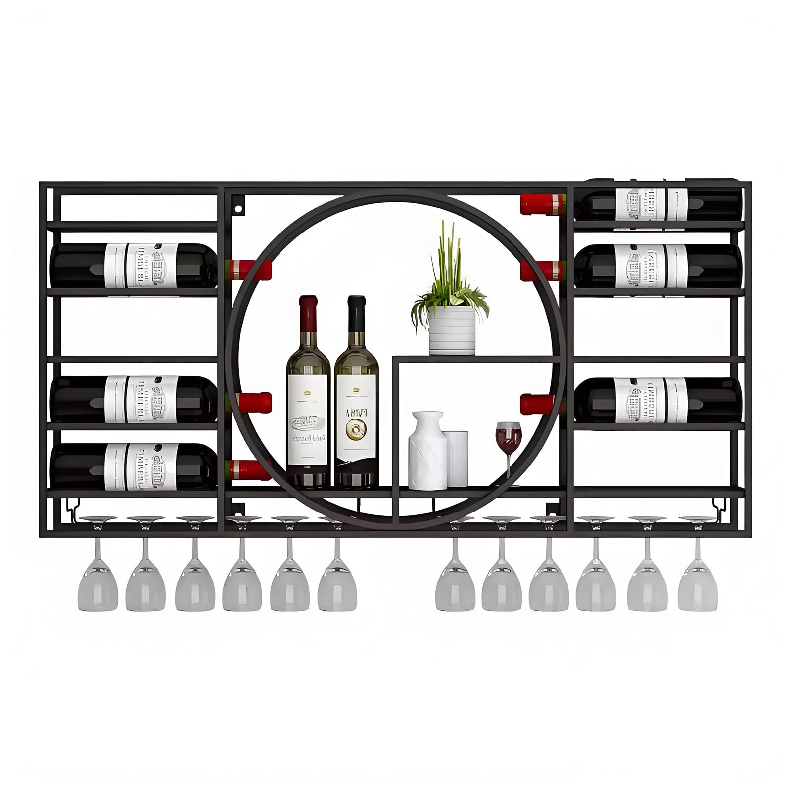 Casier à vin flottant noir en métal avec support verres et étagère murale multifonction 89cm