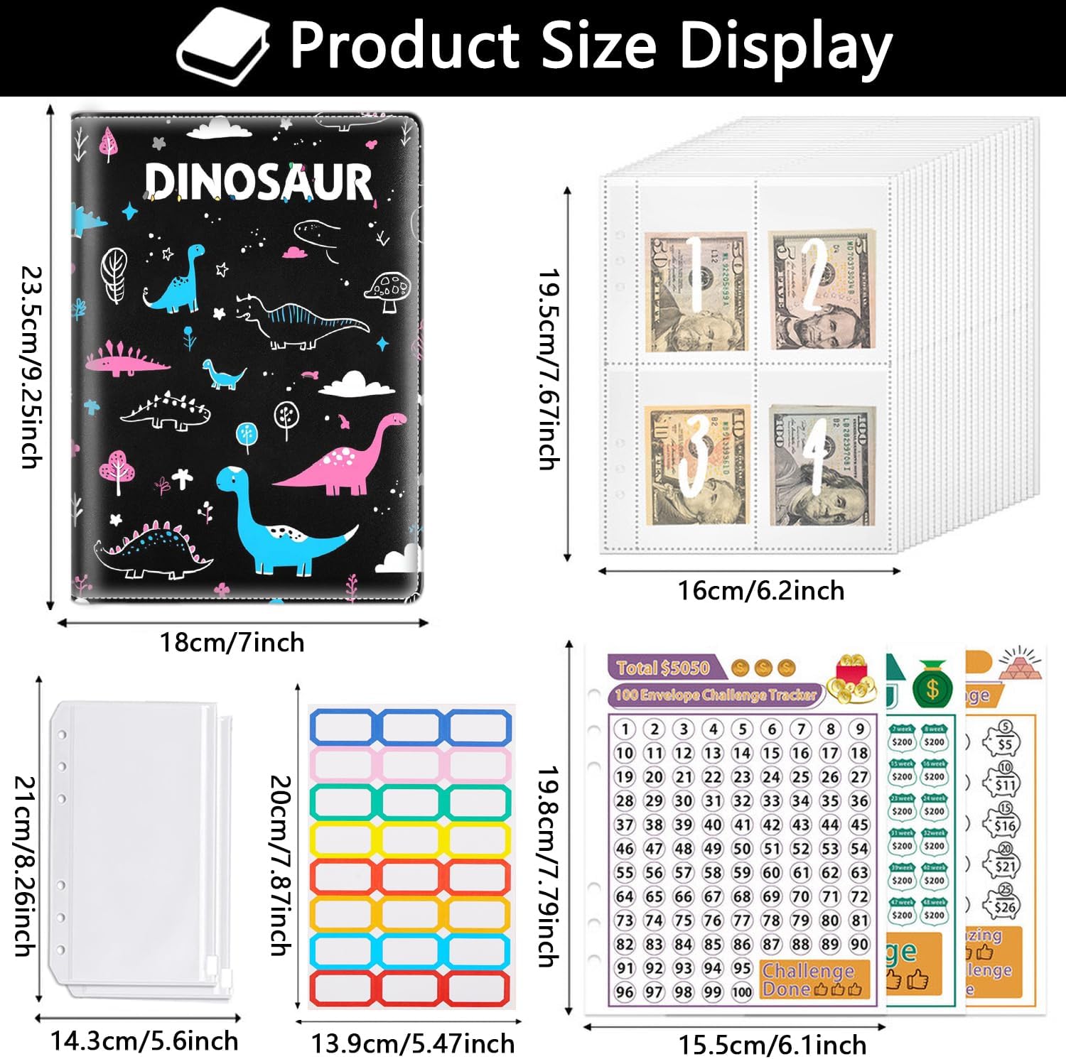 100 Envelopes Money Saving Challenge, Reusable PU Leather A5 Binder with Flexible Saving 3 Sheets Tracker $5050, $10000, $500, Cash Stuffing Binder, Money Organizer Folder, Dinosaur image 2