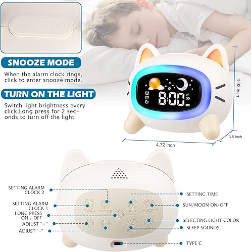 Miniatura 6 de ANALOI Reloj despertador de gato y oso para niños, reloj de entrenamiento para dormir para niños pequeños