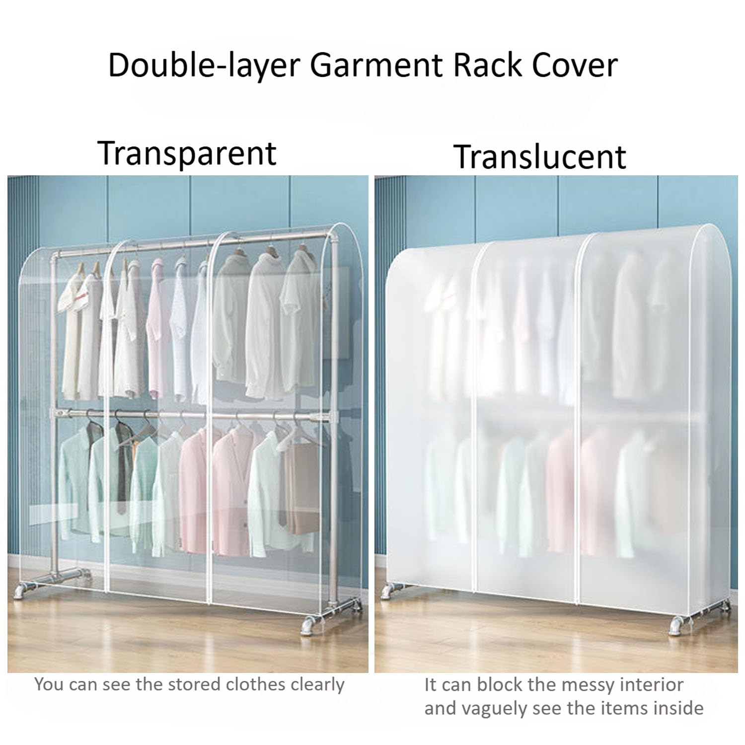 Housse Pour Vetement Housse Pour Portant à Vêtements Transparent Avec 2 Fermetures Éclair, Plastique, Claire, 5ft Tringle De Porte