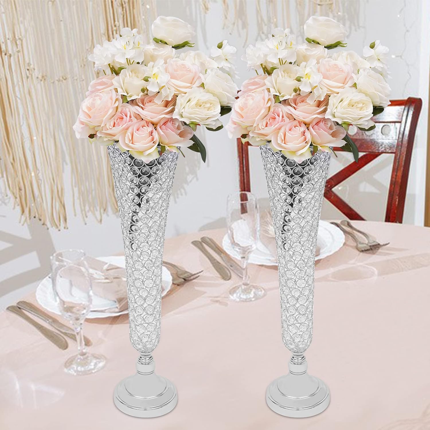 2 Pieces Crystal Trumpet Tall Vase, 20 inch Wedding Centerpiece Vase Iron Crystal Vase Table Decoration for Wedding Party Event Decoration, Silver