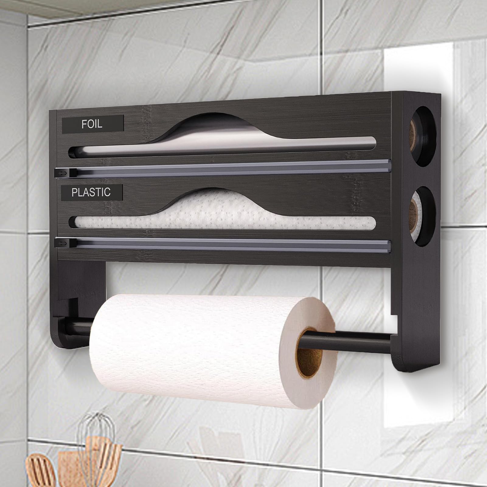 Dispensador Film Adherente para Aluminio Montaje Pared Soporte Almacenaje | Dispensador Aluminio Con Portarrollos Ahorro Espacio Cocina Armario Despensa