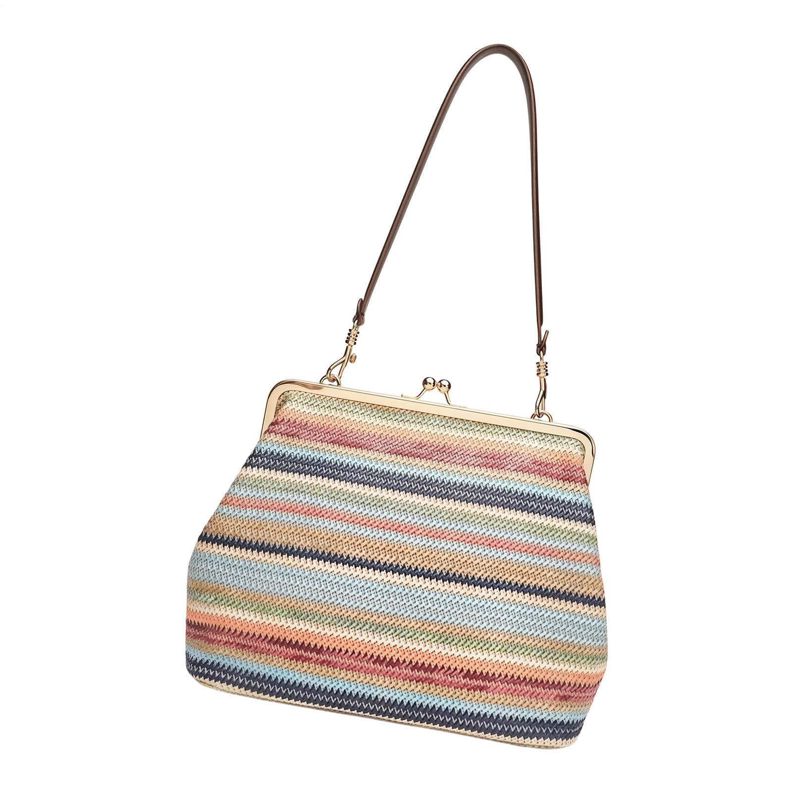 Bolsas de playa de paja para mujer, bolso retro con cierre de beso grande, bolso de paja trenzado, para verano, primavera, vacaciones, trabajo, universidad, noche, compras, compras, mercado, F