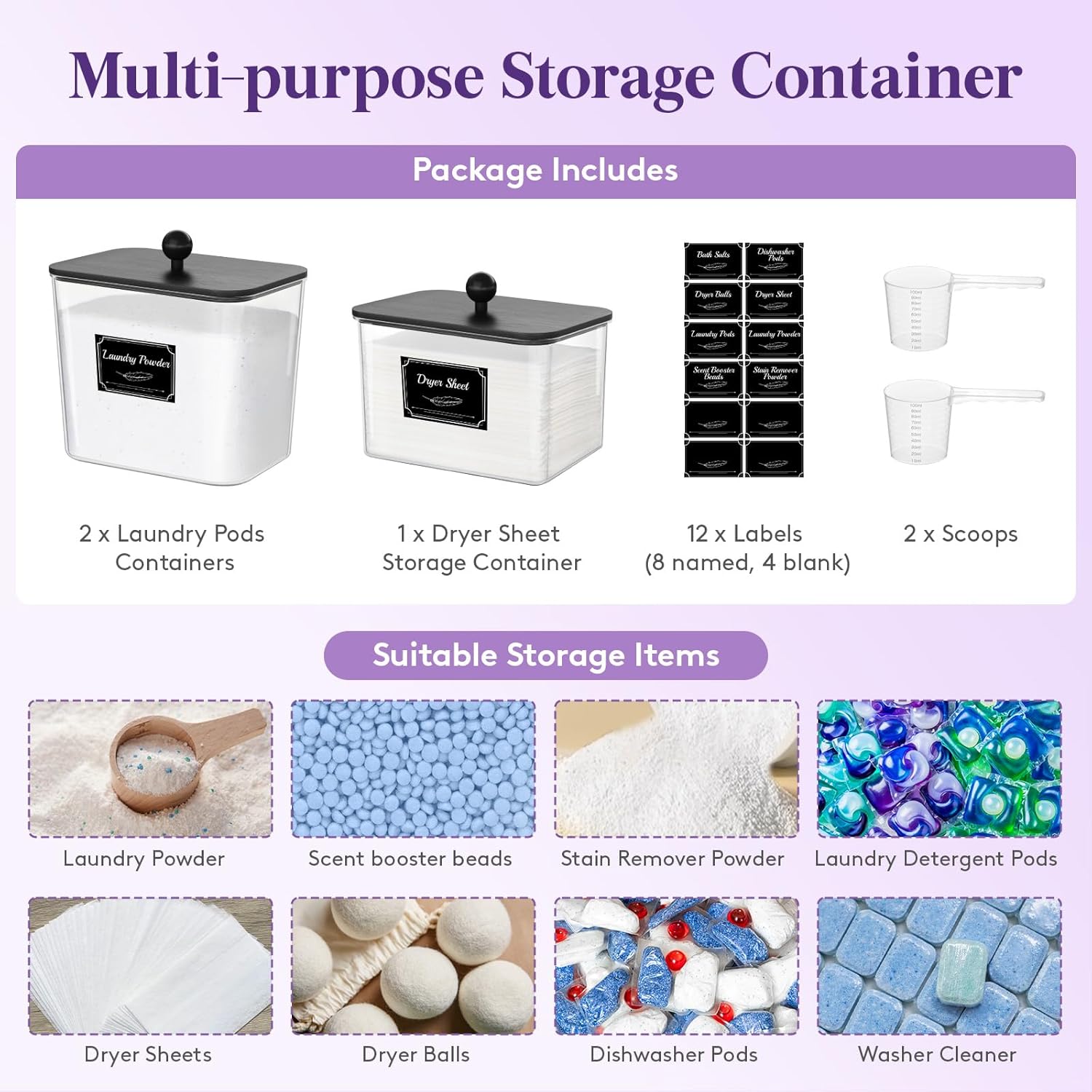Lifewit 3 Pcs Laundry Pods Container with Bamboo Lid, Dryer Sheet Holder, Laundry Room Organization for Washing Powder, Scent Booster Beads, 2600 +2000ml/0.53+0.7gal