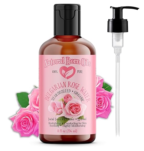 Natural Born Oils Hidrosol de agua de rosas de 8 onzas, 100% puro y natural, orgánico, destilado al vapor, limpiador de tóner facial, con
