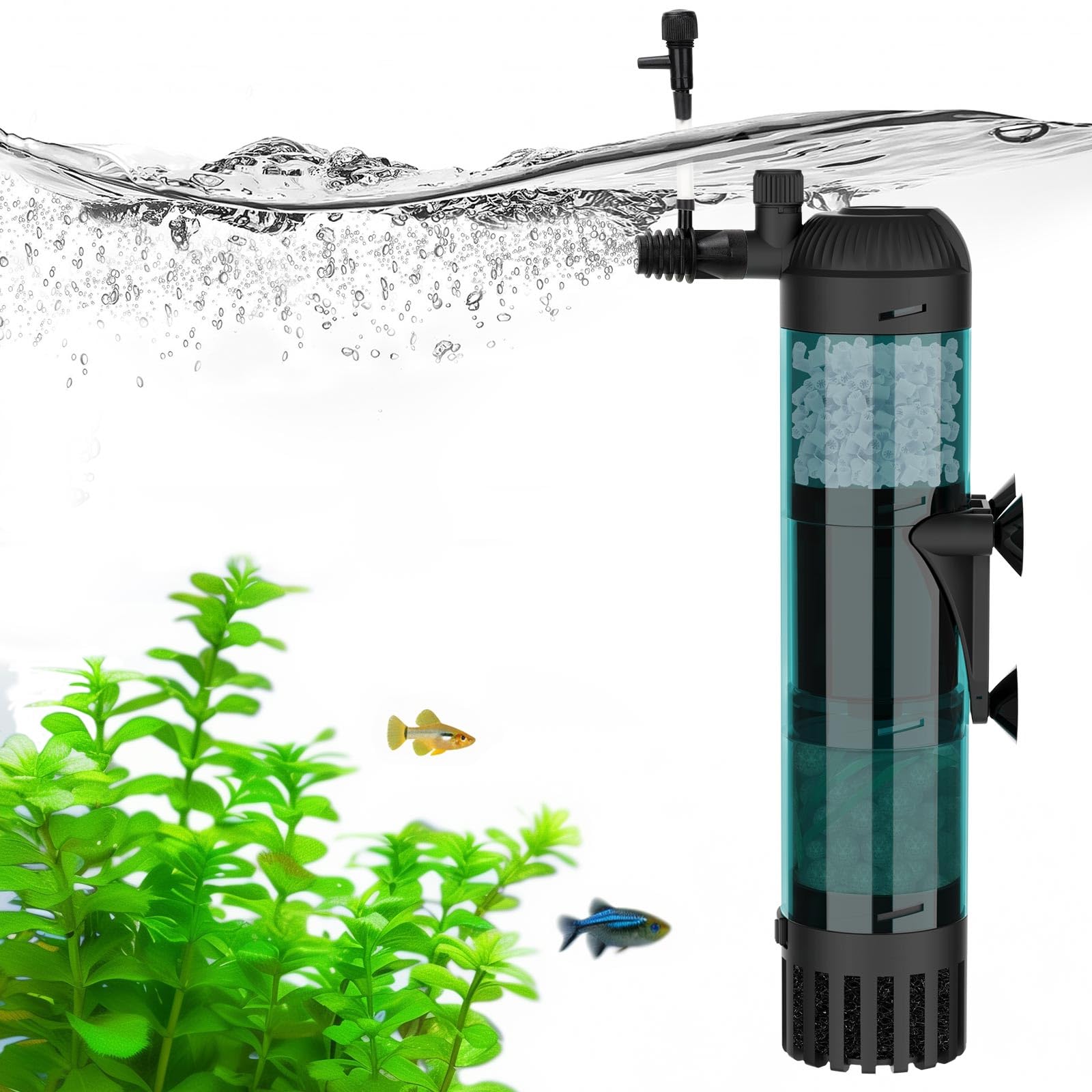 AQQA Aquariumfilter, 600 l/h, starker Durchfluss, 8 W, leise Aquarium-Filterpumpe mit 3-stufiger Filtration für Tanks bis zu 200 l