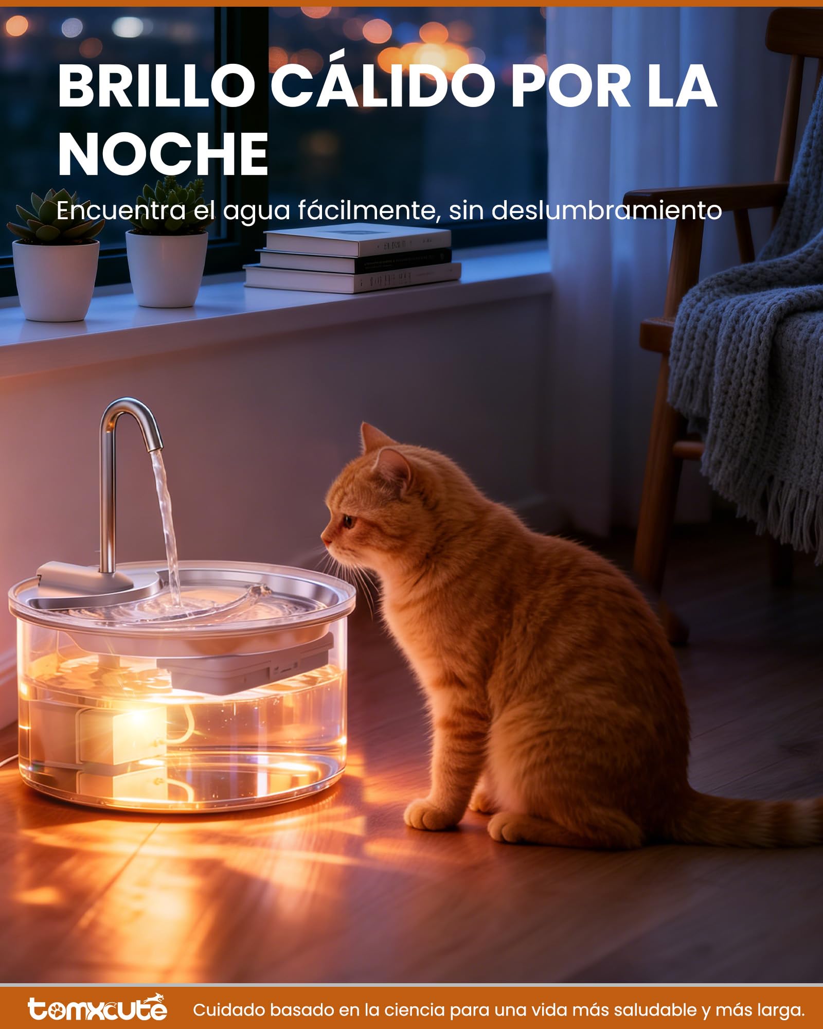 TOMXCUTE Fuente Gatos Cristal 2,5L con Nivel Visible 360° | Vidrio transparente, luz cálida, bomba silenciosa y 3 filtros incluidos para agua fresca