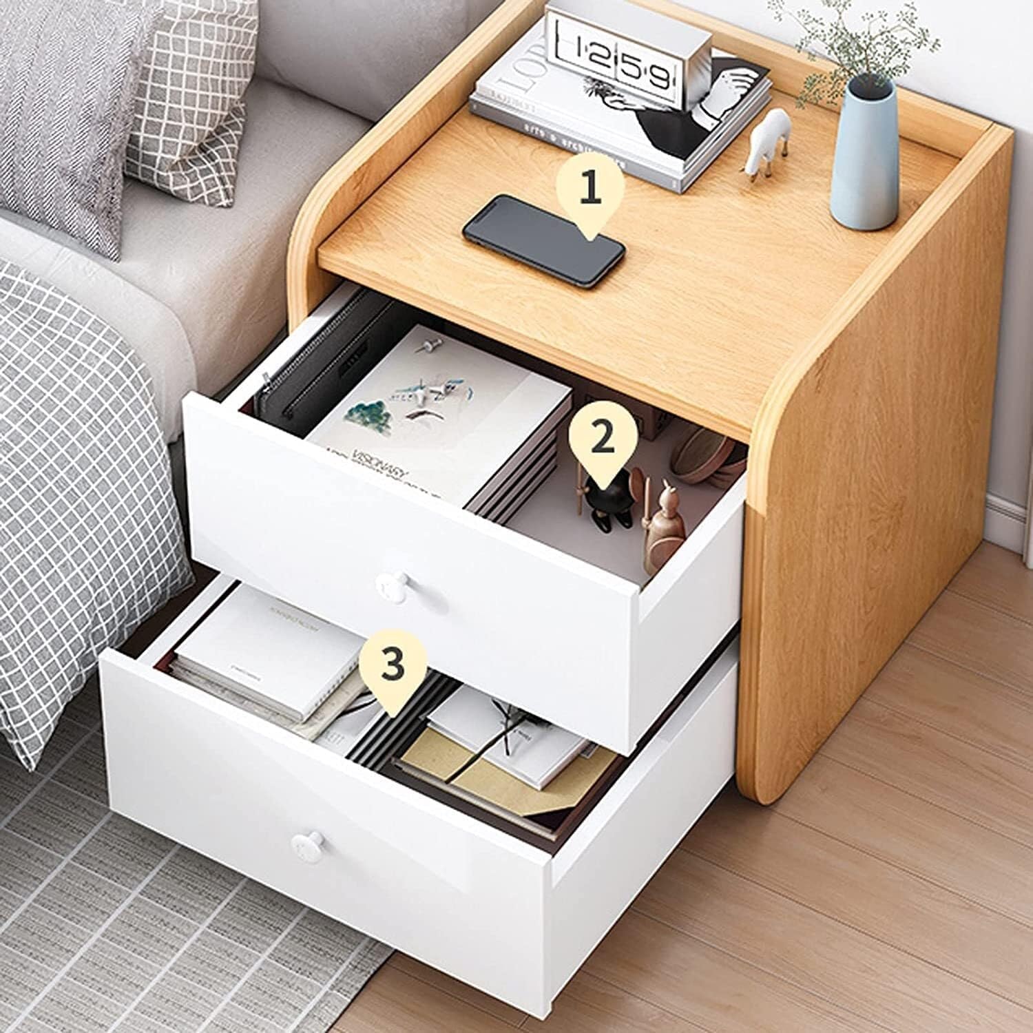 Wood Nightstand Bedside Table with Storage Compartment & Two Layers, Blue Color, Compact Design for Bedroom, Living Room, Nursery, or Small Apartment (33 x 30 40 cm)