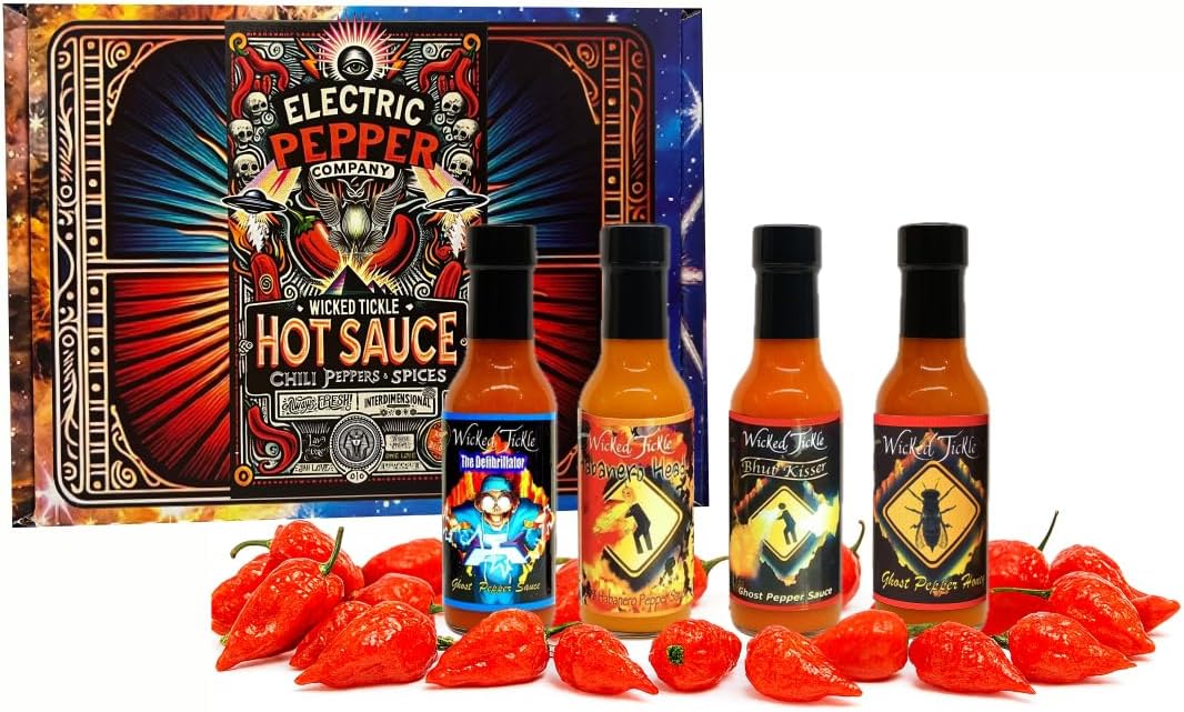 Wicked Tickle Ghost Pepper & Habanero Hot Sauce Gift Set – 4 Pack + Bonus 7 Ghost Peppers, 5 oz Bottles