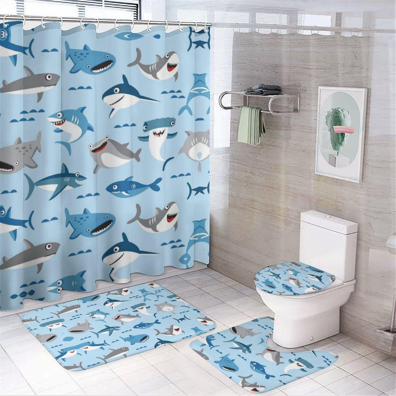 JZemdybill Bathroom Mat Set 4 Piece, Shark Blue Cute Cartoon Shower Curtain with Non-Slip Bath Mats for Bathroom