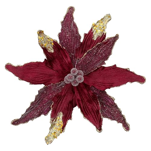 Briful 12'' Large Heads Christmas Glitter Poinsettia Flowers Christmas Tree Ornaments Set of 4 Artificial Flowers with Long Stems for Xmas Tree Party DIY Holiday Decorations, Burgundy - Burgundy#22 - 12'' POINSETTIA / 4PCS