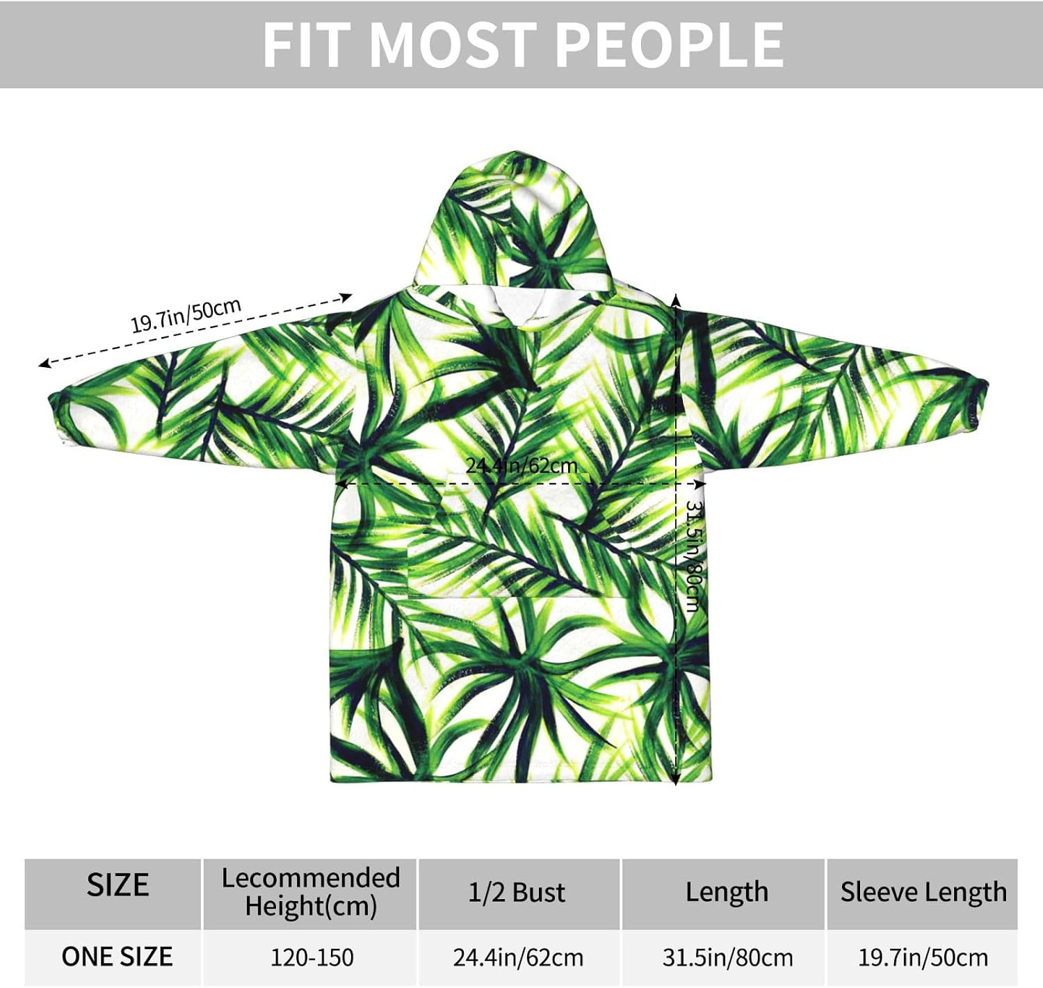 Palm Tree Green Leaves Print Oversized Blanket Hoodie, Wearable Blanket Hooded,Hooded Pullover With Pocket
