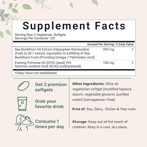 Miniatura 2 de Aceite vegano de espino amarillo Omega 7 de 6,000 mg, 240 cápsulas blandas vegetarianas  2 en 1 con aceite de onagra  Soporte natural para cabello,