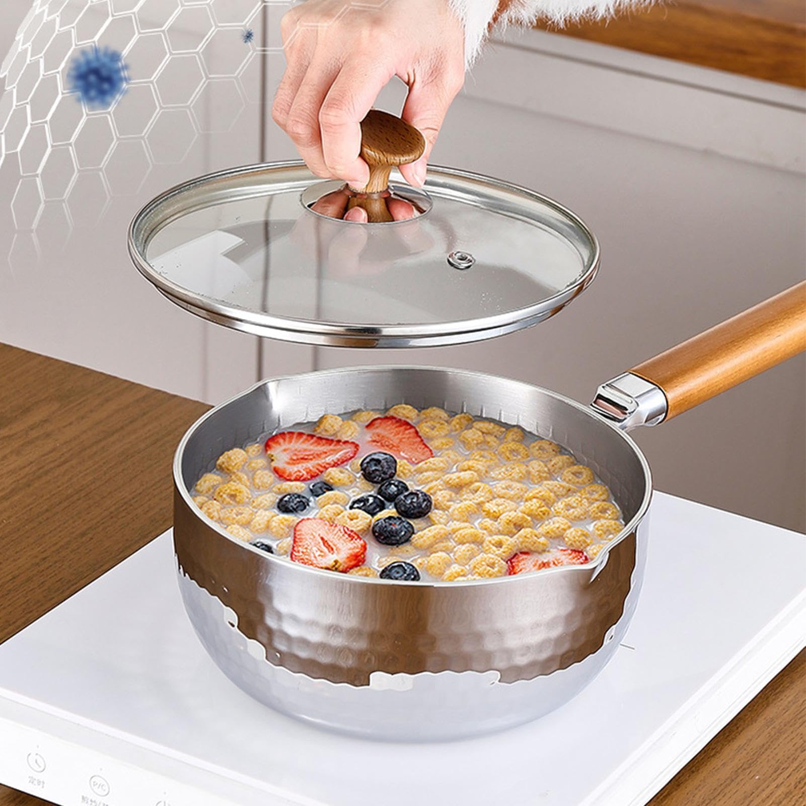 Sartén de Titanio Utensilio Antiadherente con Tapa | Sartén de Titanio Puro Para Cocinar Leche, Guisos, en Cocinas de Inducción, Vitrocerámica, Camping y Hogar