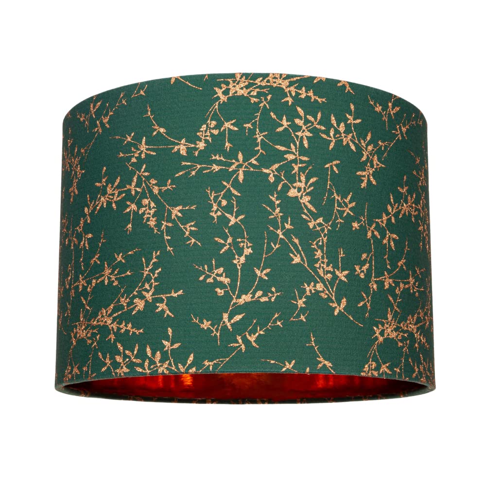 Modern Deep Forest Green Cotton Fabric 10" Lamp Shade with Copper Foil Floral Decoration Suitable for Table or Ceiling Usage | 25cm Diameter | 60w Maximum by Happy Homewares