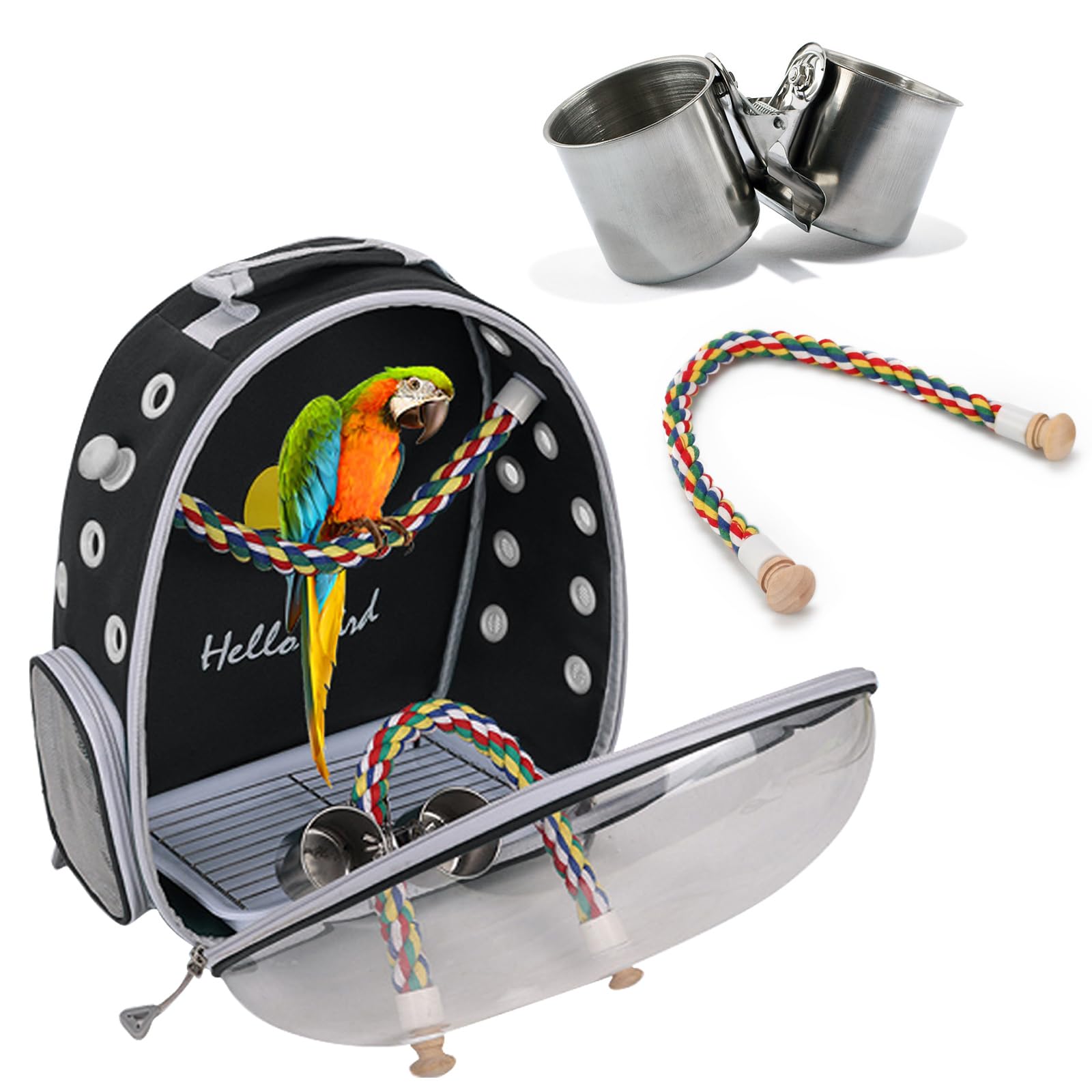 PETCUTE Bolsa de Transporte para Pájaros, Transparente, Transpirable, Mochila para Pájaros con Percha y Bandeja, Espaciosa, Ideal para Viajes en Tren, Automóvil, Restaurante o Avión (Negro)