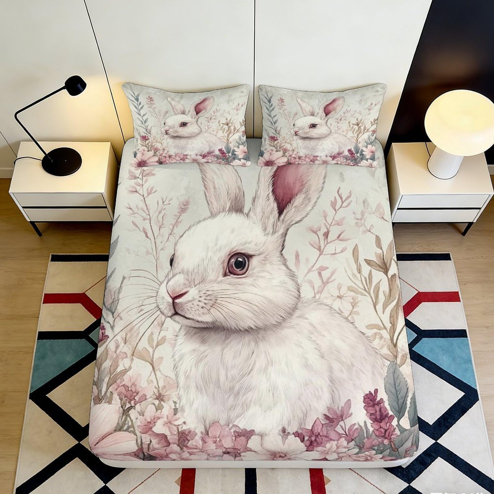 3D Printed Bunny Fitted Sheet Microfiber Deep Pocket Bedroom Bedding Bunny Mattress Fitted Cover Non-Slip Full Wrap for Adults Teens 180x200x25cm