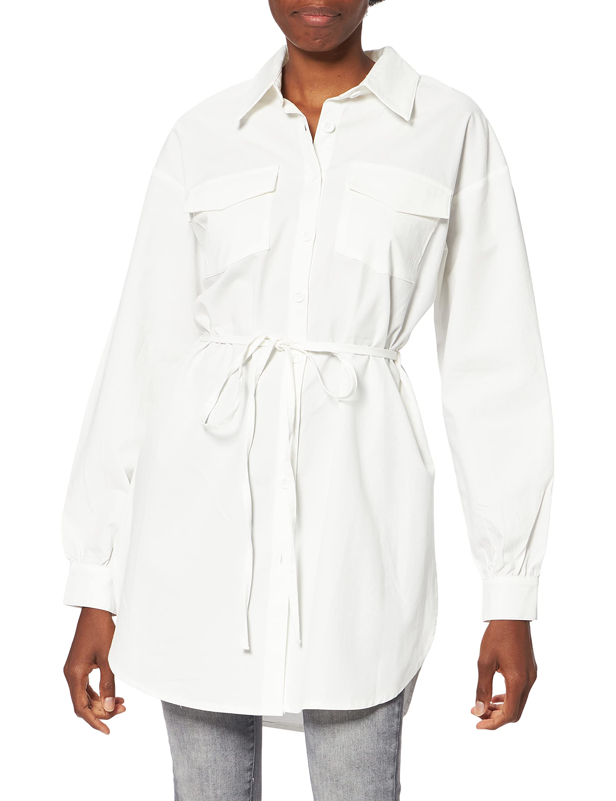 NA-KD Women's Oversized Belted Shirt, White, 12 UK
