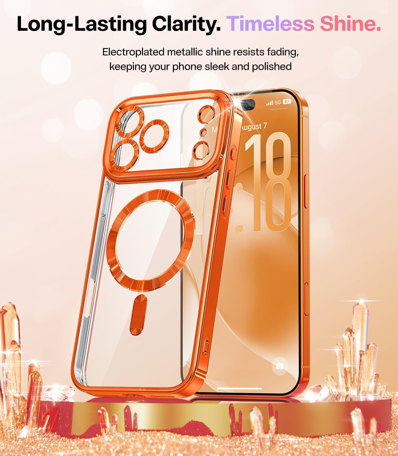 Meifigno Designed for iPhone 17 Pro Case 6.3", [Glitter Card & Wrist Strap] [Compatible with MagSafe] [2X HD Screen Protectors] Surround Raised Lens Protection for 17 Pro Case for Women,Cosmic Orange - Image 3