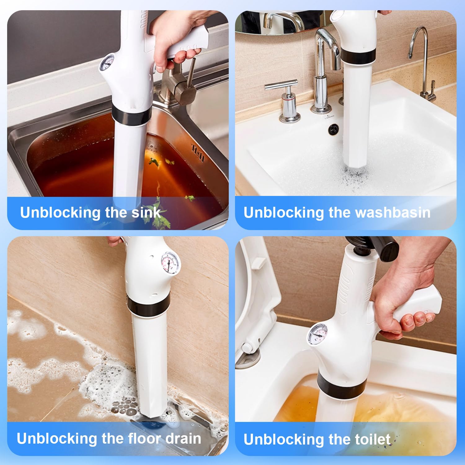 Pompa Stura Scarichi a Pressione con Barometro, Stantuffo per WC ad Aria Compressa, Pistone per WC con 4 Teste di Pistone, per Sbloccare WC, Lavandino, Bianco, Scarico a Pavimento