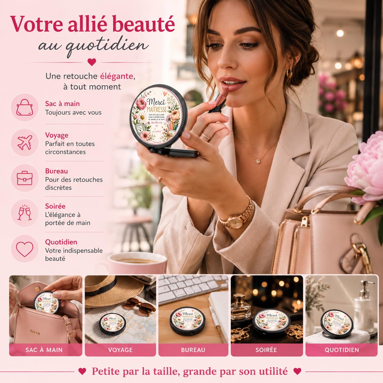 Miroir de Poche Merci Maîtresse Personnalisé – Cadeau Maîtresse Fleuri Fin d'Année Scolaire – Cadeau Institutrice avec Prénom – Miroir Compact Femme