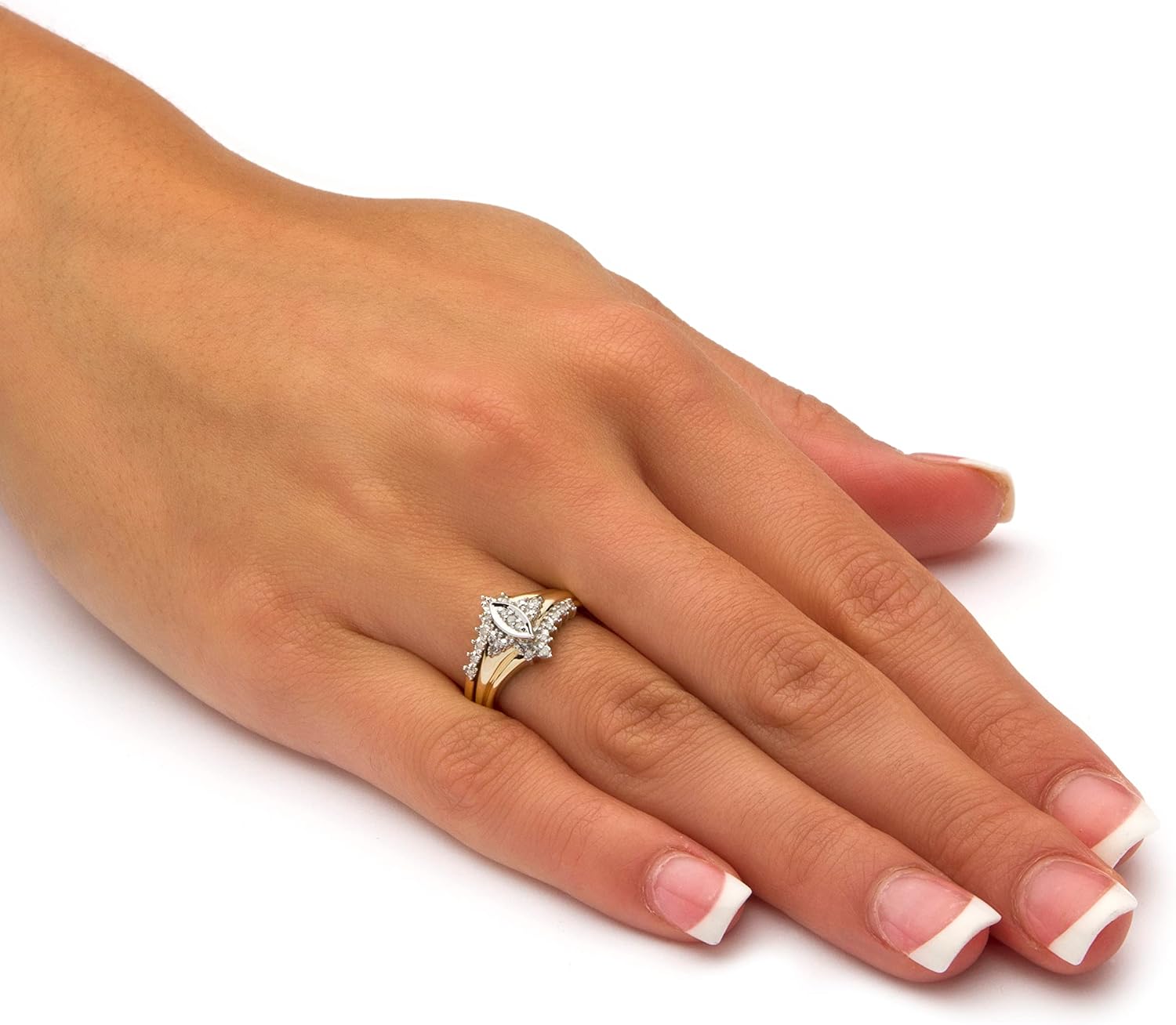 PalmBeach 10K Yellow Gold Round Genuine Diamond Marquise Style Bridal Ring Set (1/10 cttw, I Color, I3 Clarity) Sizes 6-10
