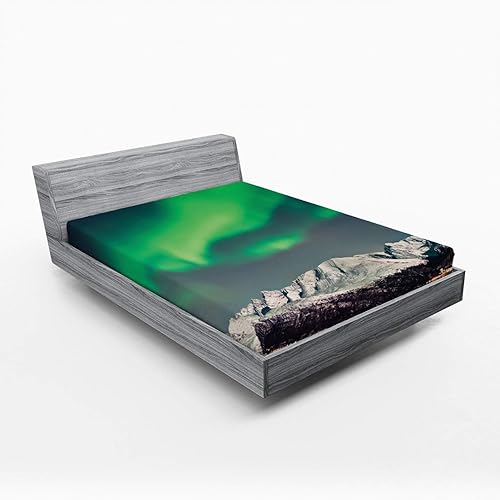 Lunarable Nature Fitted Sheet, Aurora Above Fjords Nordic Aurora Borealis Sky Arctic Solar Scenery, Bed Cover with All-Round Elastic Deep Pocket for