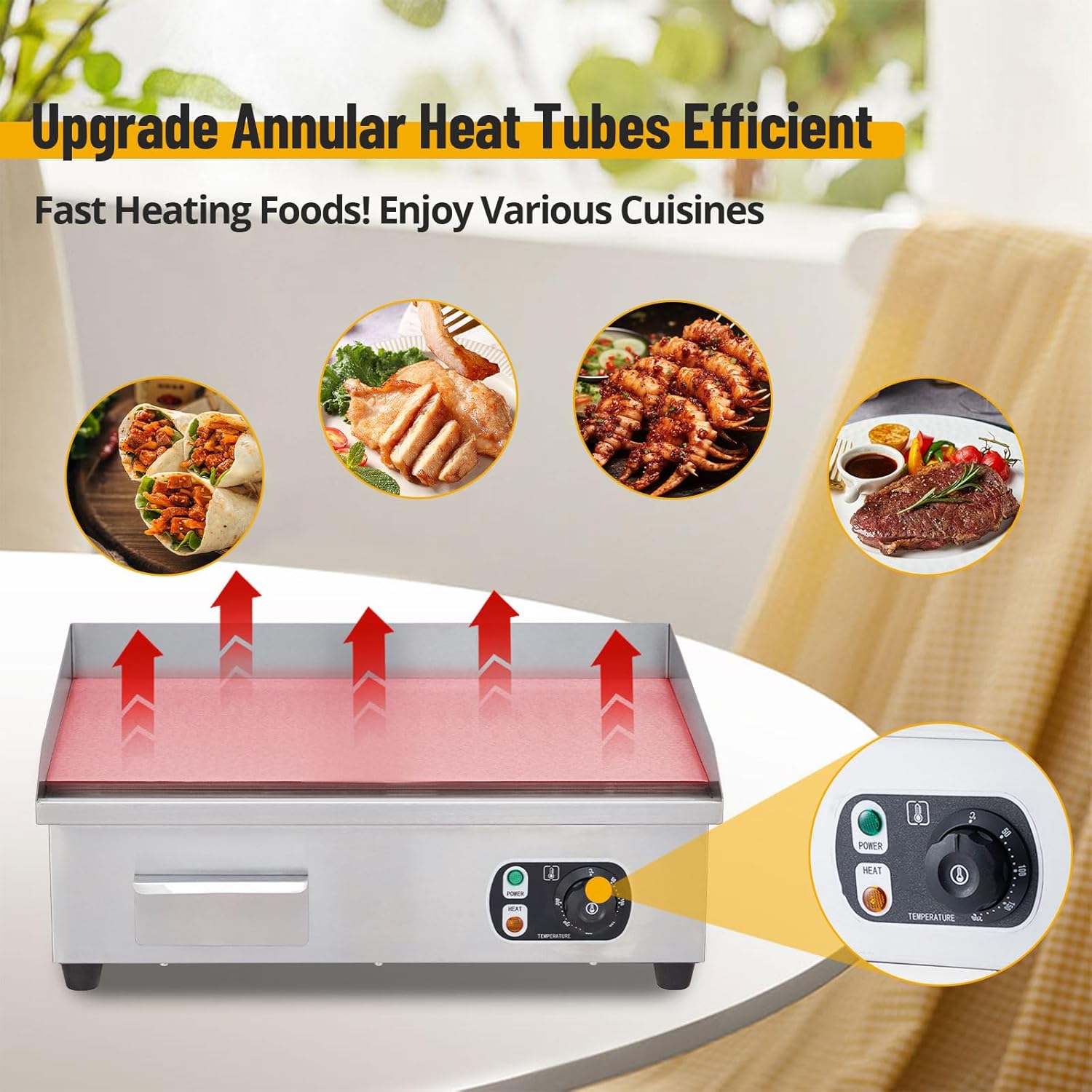 PioneerWorks 21" Commercial Electric Griddle With Temperature Control 122°F-572°F, 1600W Stainless Steel Electric Grill, Flat Top Countertop Griddle for Kitchen Restaurant, 110V 60HZ (No Plug)