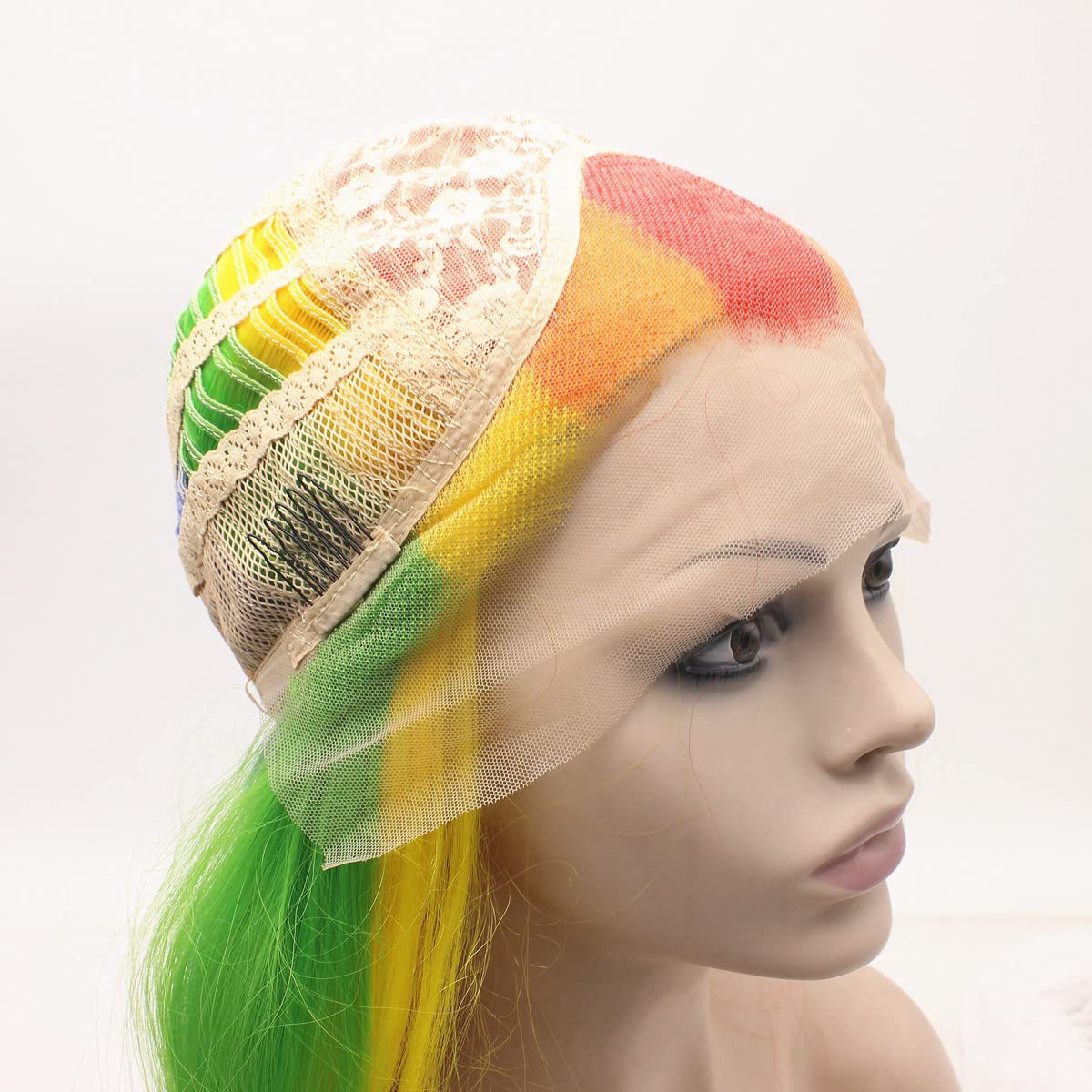 MX angel Long Straight Colorful Rainbow Ombre Heat Friendly Fiber Lace front Cosplay Party Wig