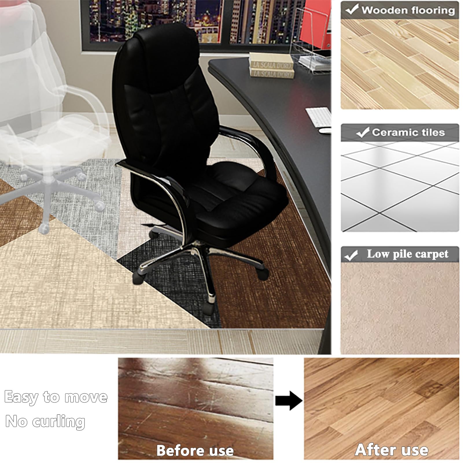 Bodenschutzmatte Bürostuhl Teppich, Gaming Bürostuhl Stuhlmatten für Teppichboden, Bürostuhlmatte für Hartholzböden, Teppich Unterlage-Kratzfest Geeignet für Büro und Zuhause 90 x 120 cm