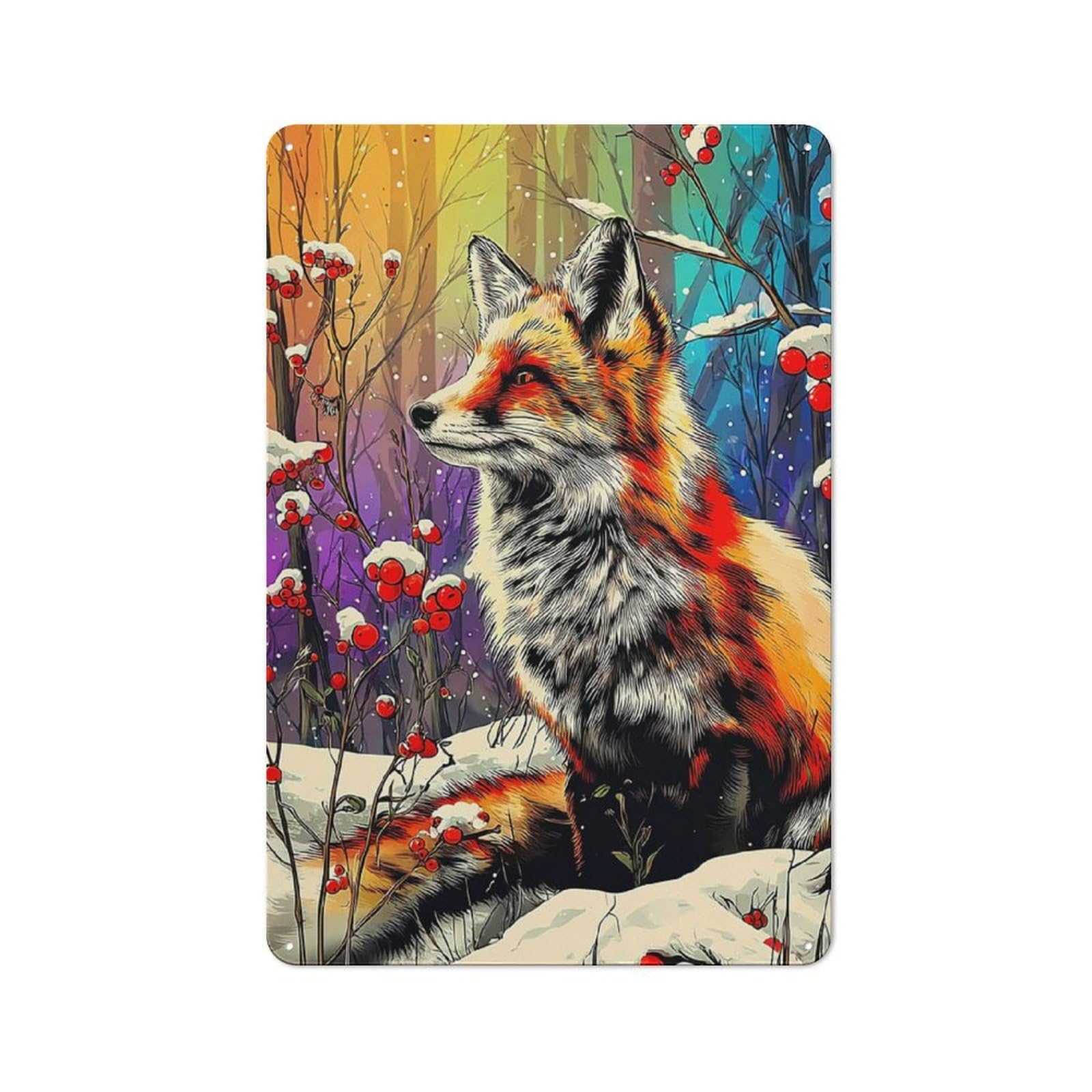 Junmoney Winter Fox In Snowy Forest Modern Retro Metal Wall Decor 30X20cm, Metal Wall Sign For Loft, Studio, Office Or Creative Room