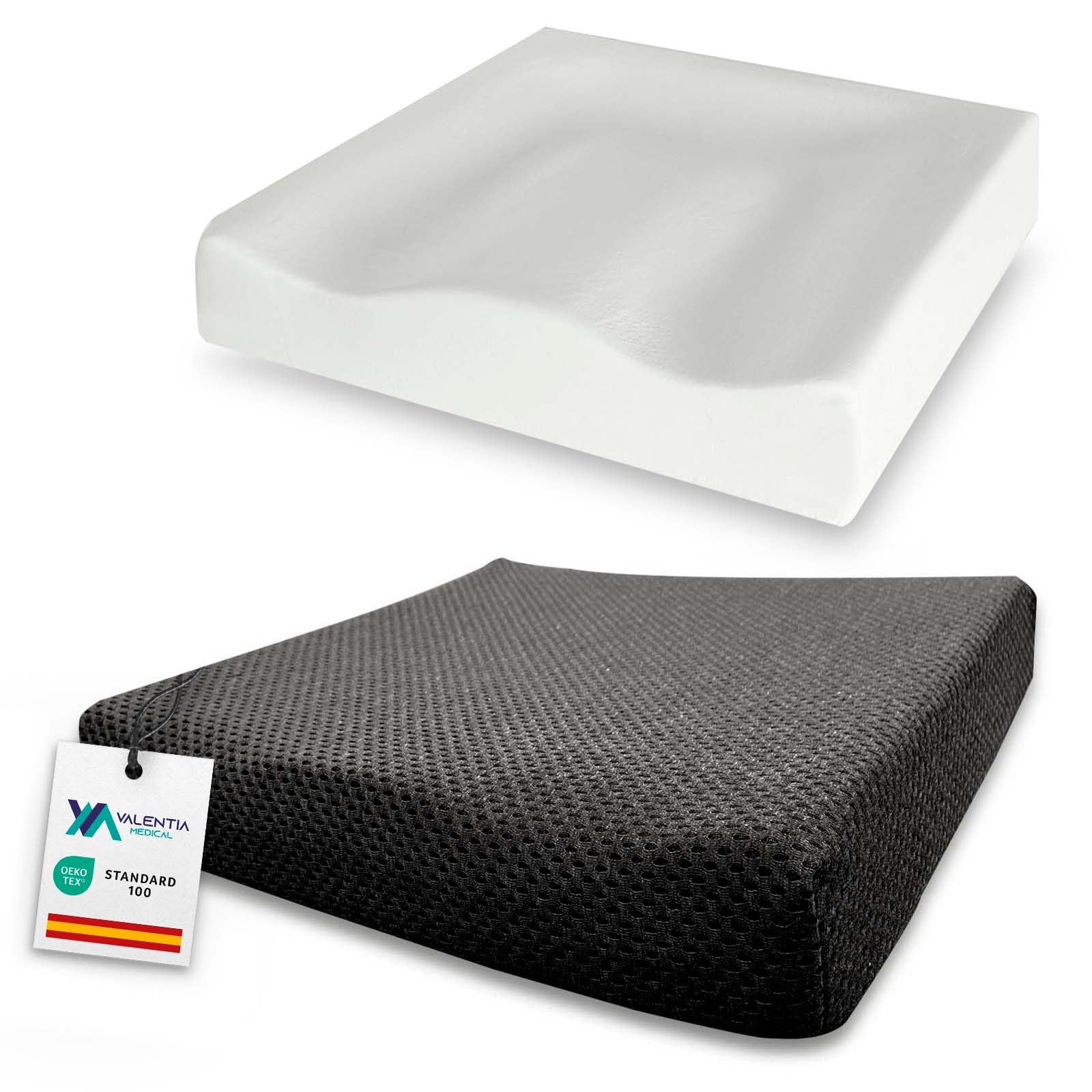 VALENTIA MEDICAL Cojín Antiescaras Viscoelástico para Silla de Ruedas – Ergonómico + Transpirable y Lavable con Funda Antideslizante - Almohada Antiescaras para Mayor Confort Diario