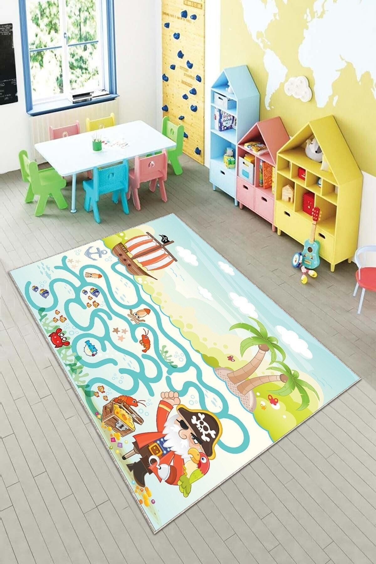 Pelangi Mavi Korsan Ve Hazine Desenli Yıkanabilir Kaymaz Taban Leke Tutmazbebek Ve Çocuk Odası Halısı, Yeşil-Mavi 80 x 500, 90135706980500