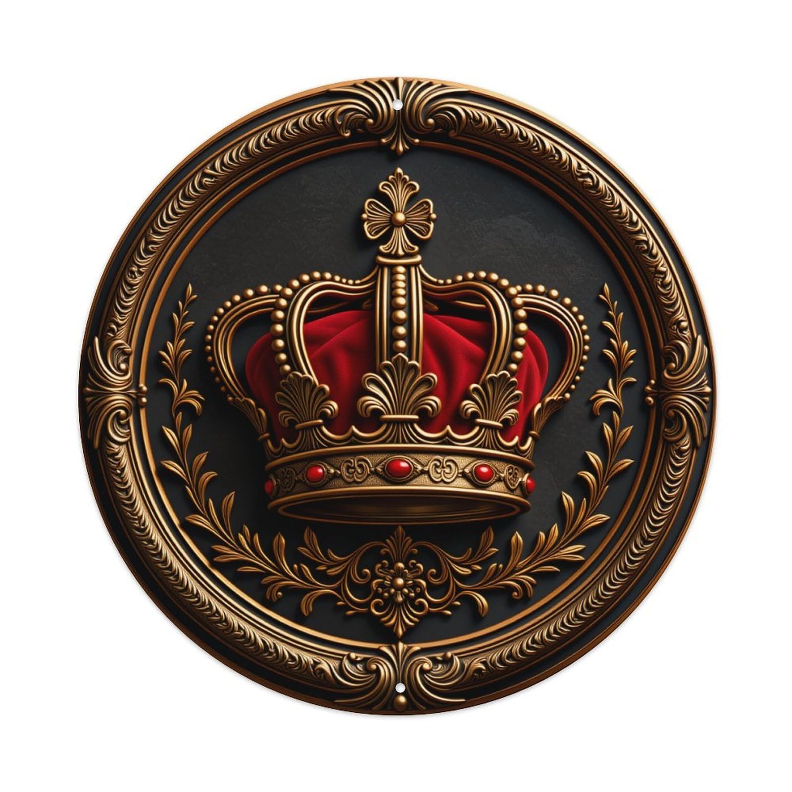 Golden Crown Red Velvet Ornate Round Tin Sign Vintage Style Metal Sign Home Bar Garden Wall Plaque Decor Metal Poster 8x8 Inch