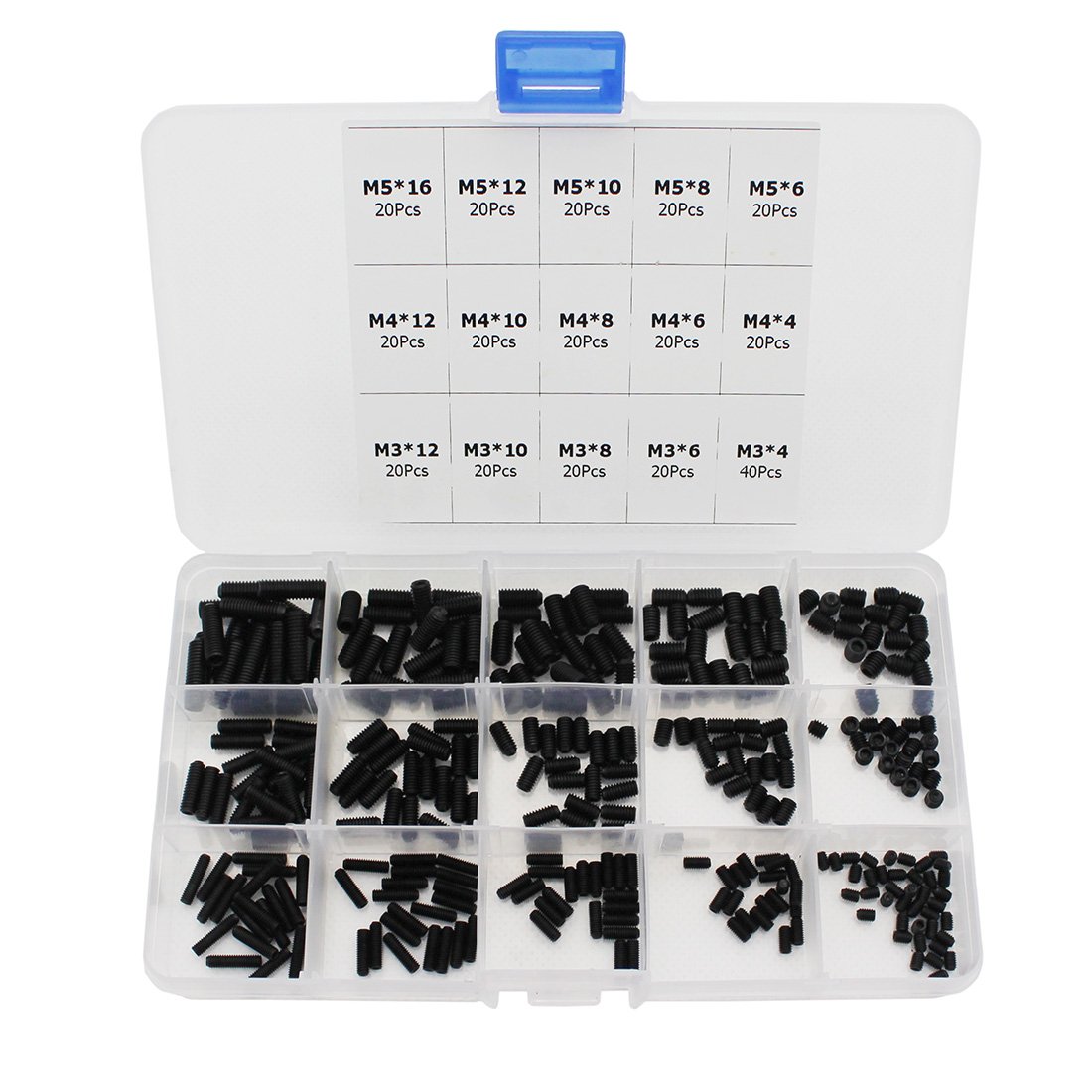 Raogoodcx 320Pcs M3/4/5 Allen Head Socket Hex Grub Screw Set Assortment Kit with Plastic Box 12.9 Class Black Alloy Steel