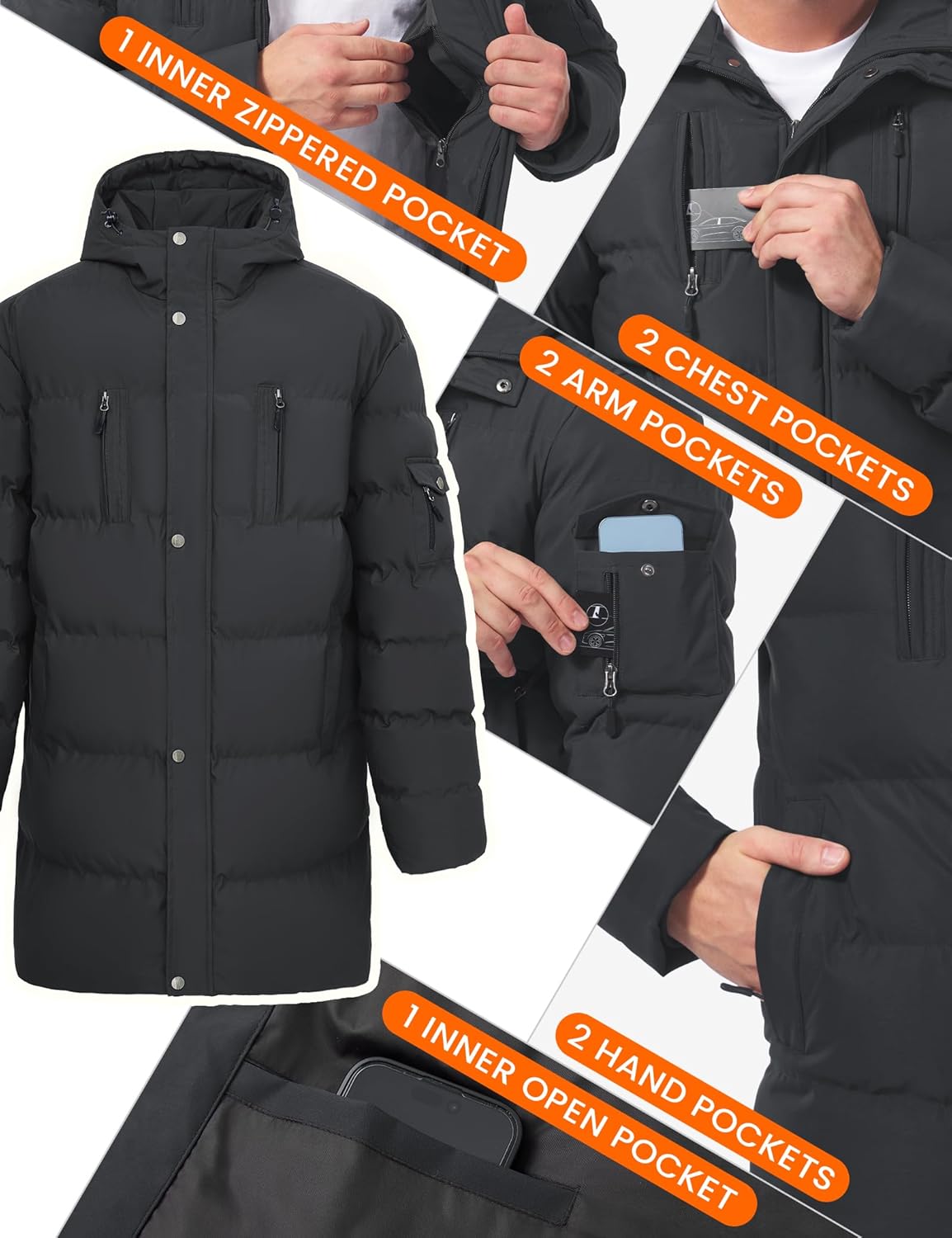 Men's Long Winter Coat Thicken Insulated Waterproof Puffer Jacket Two-Way Zipper Hooded Windbreaker Parka