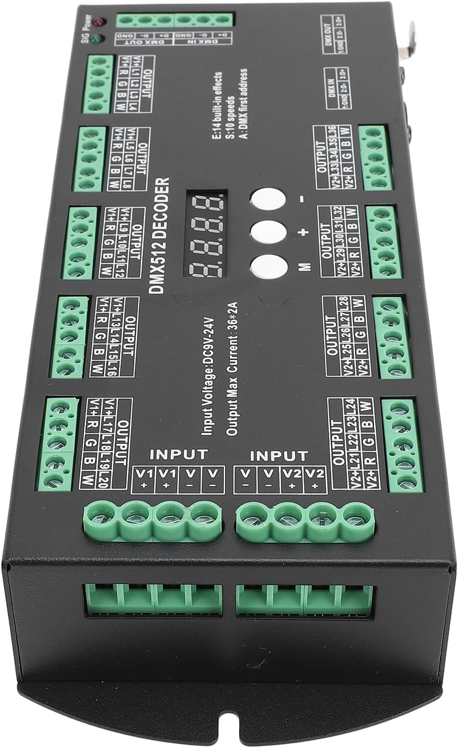 Фронт view of the DMX512 Decoder showing the multiple output terminals for LED strip connections.