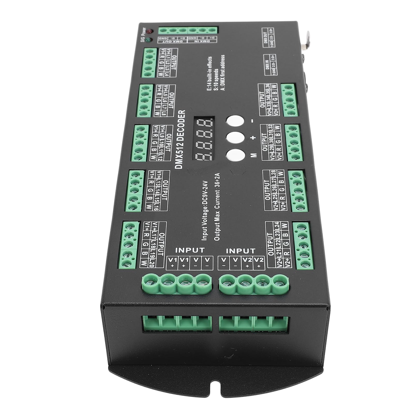 Focket Kontroler DMX, Dekoder RGBW z Wyjściem 36CH 2A, Kontroler Taśm LED z 14 Wbudowanymi Trybami Testowymi Cyfrowy Wyświetlacz Adresowy dla Taśm LED RGBW Moduł Światła Oświetlenie Sceniczne