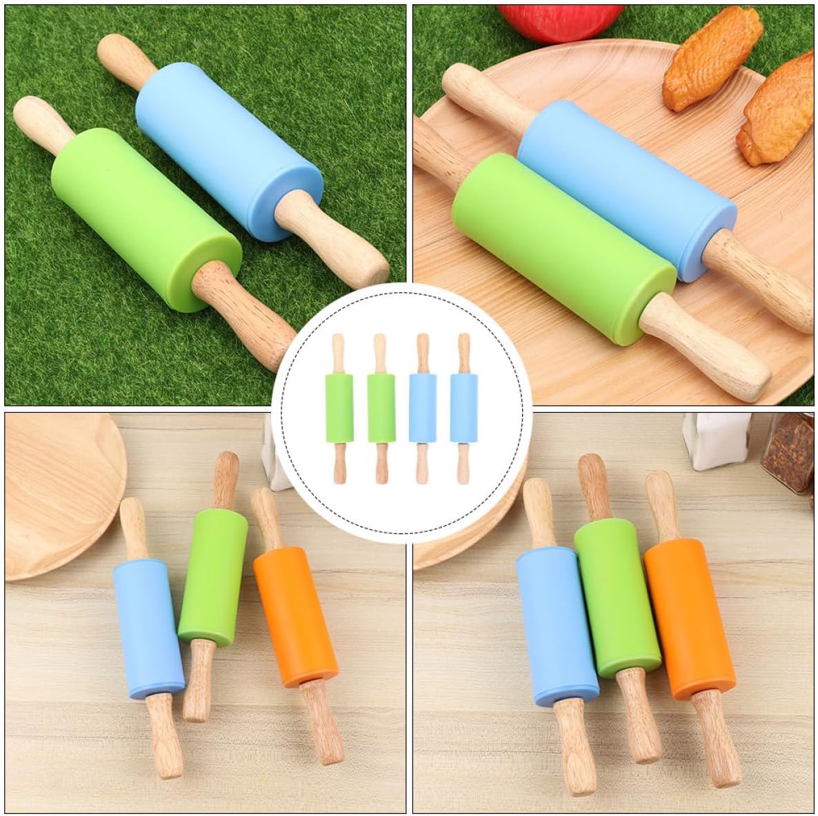’s Silicone Rolling Pin Set 4pcs, Wooden Handle Dough Rollers, Non-stick Baking Tools, Blue and Aqua Baking Accessories