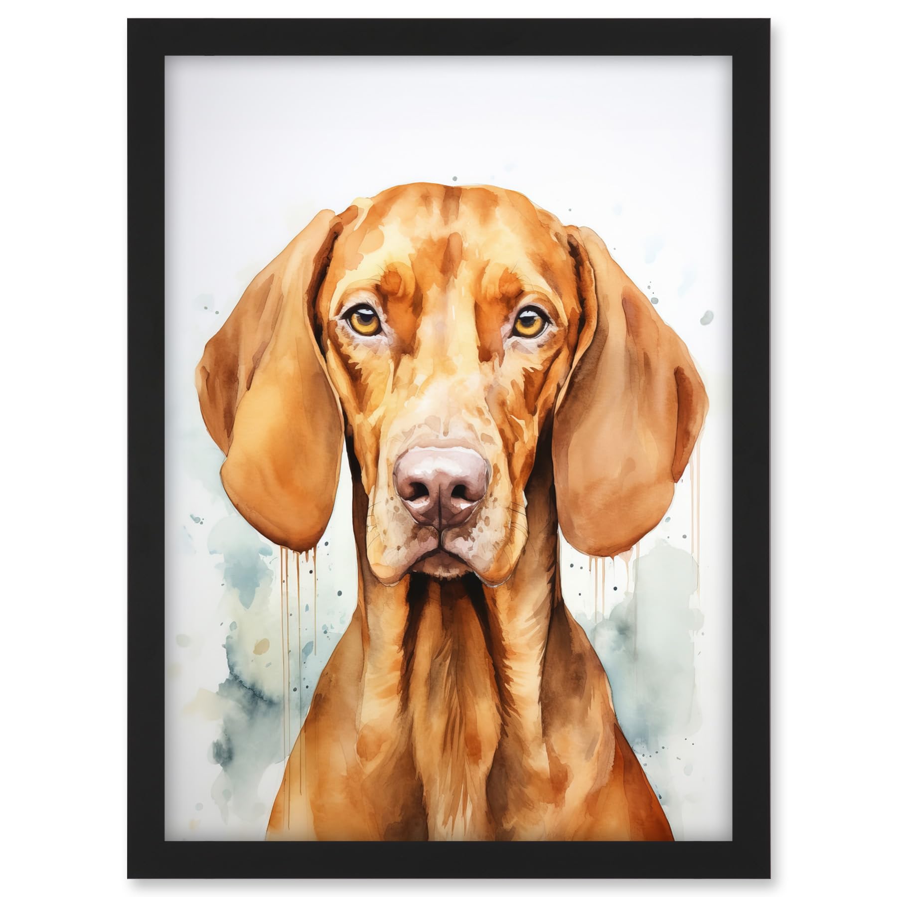 Artery8 Hungarian Vizsla Dog Soft Watercolour Artwork Golden Rust Teal Bright Portrait Artwork Framed A3 Wall Art Print