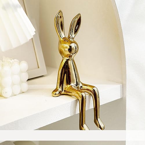 Vista 3 de Estatua de figura de conejo sentado, figuras de conejo dorado de cerámica para escritorio, gabinete, estantería, mostrador, hogar, hotel, bar