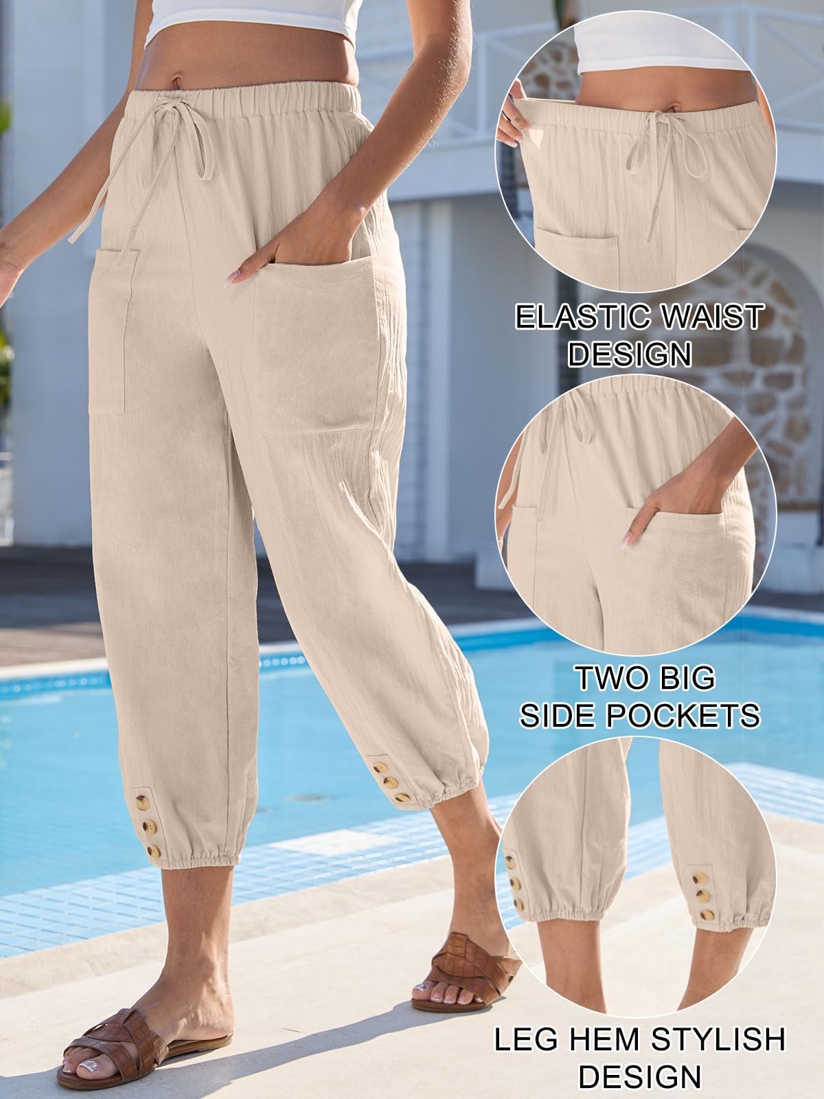 Yutdeng Pantalon Lin Femme Été Pantalon Femme Taille Elastique 7/8 Large Pantalons pour Femmes Coton Taille Haute Pantacourt Ample Pants Décontracté Rétro Léger avec Poches Sport Jogging Plage Yoga